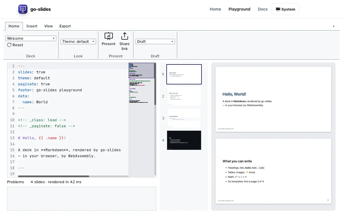 El playground: el editor de Markdown, la tira de diapositivas y la vista previa en vivo